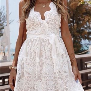 White Floral Lace Nude Flowing Dress